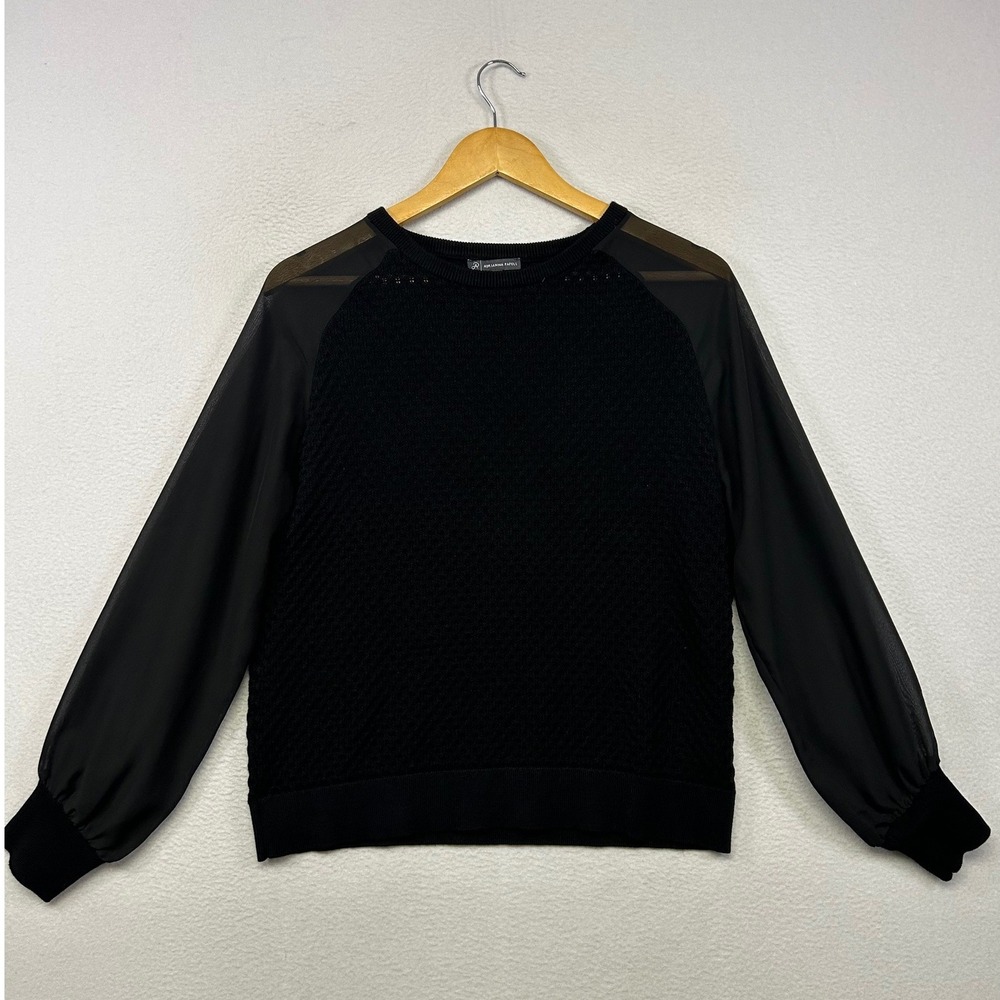 Chic Mixed Media Adrianna Papell Womens Medium Black Sheer Sleeve Knit Sweater